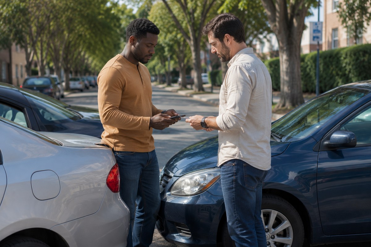 Two drivers exchanging insurance information after a minor car accident