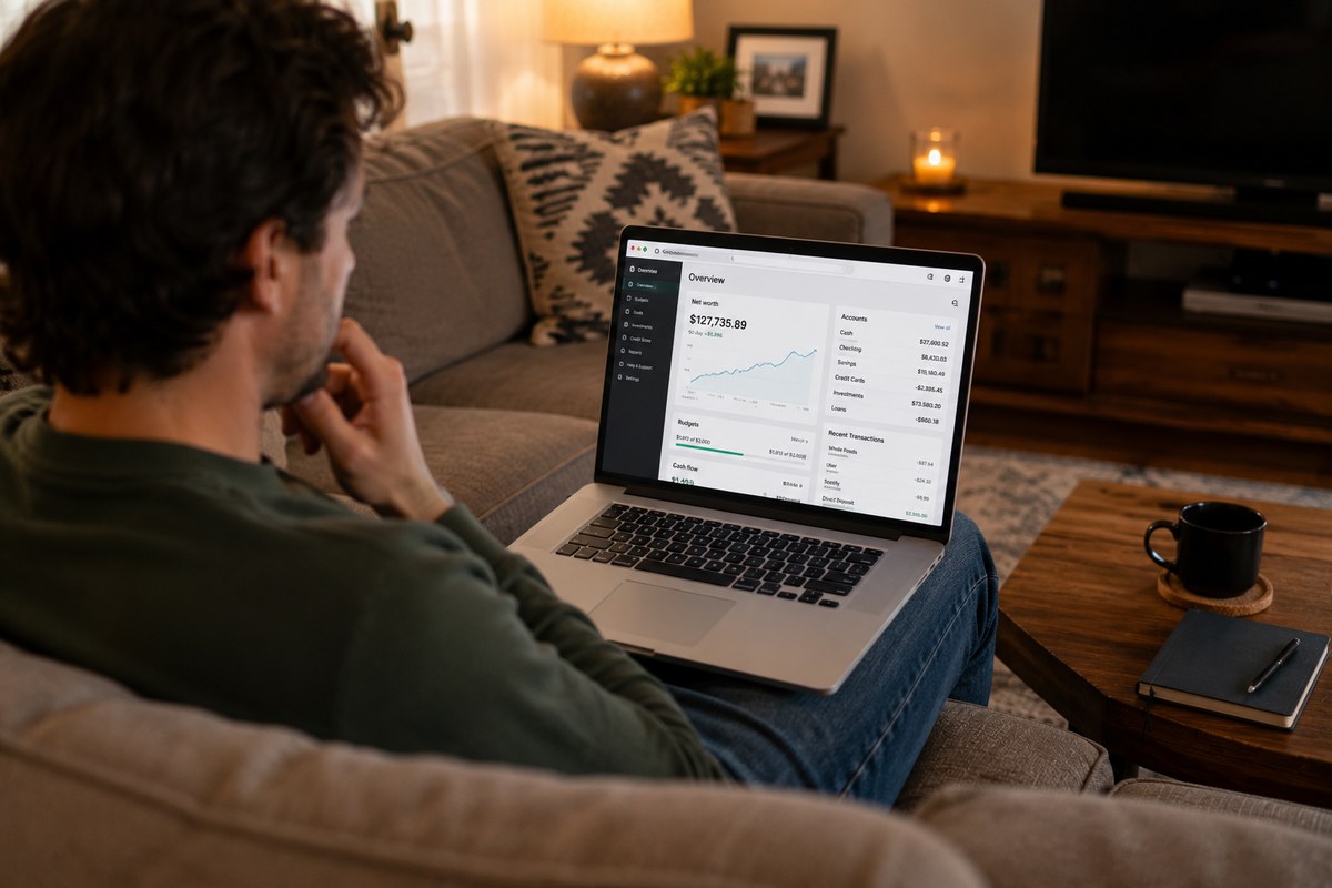 A person reviewing their finances and credit score on a laptop at home
