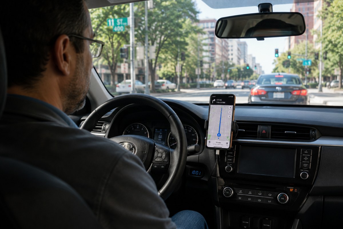 A rideshare driver checking a navigation app on their phone while parked