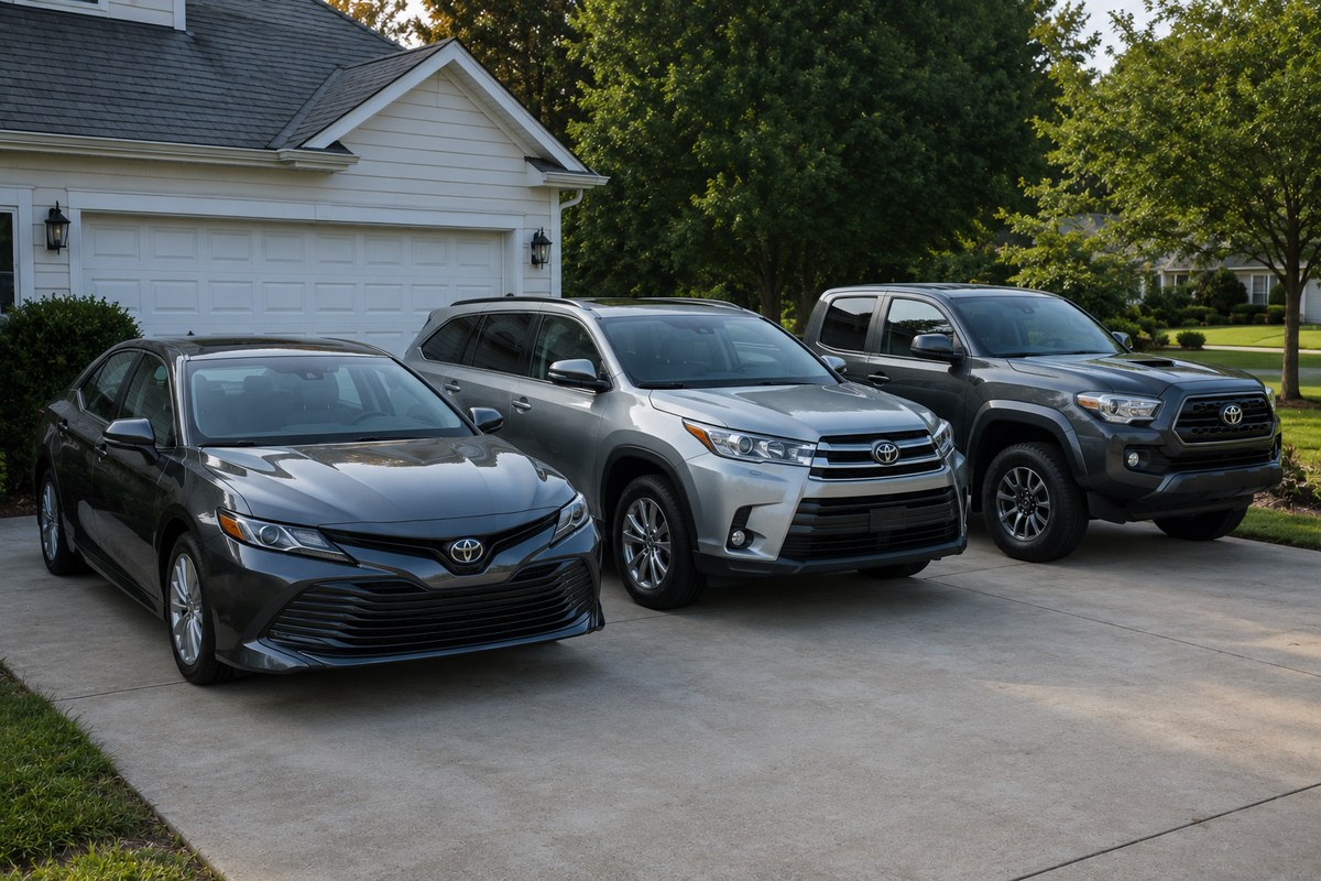 A sedan, an SUV, and a pickup truck parked side by side in a driveway