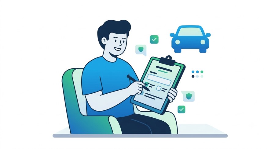 Illustration of a person filling out a short questionnaire about their car