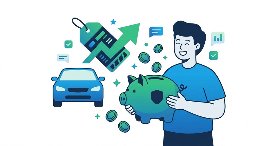 Illustration of a person holding a piggy bank next to a car, representing savings
